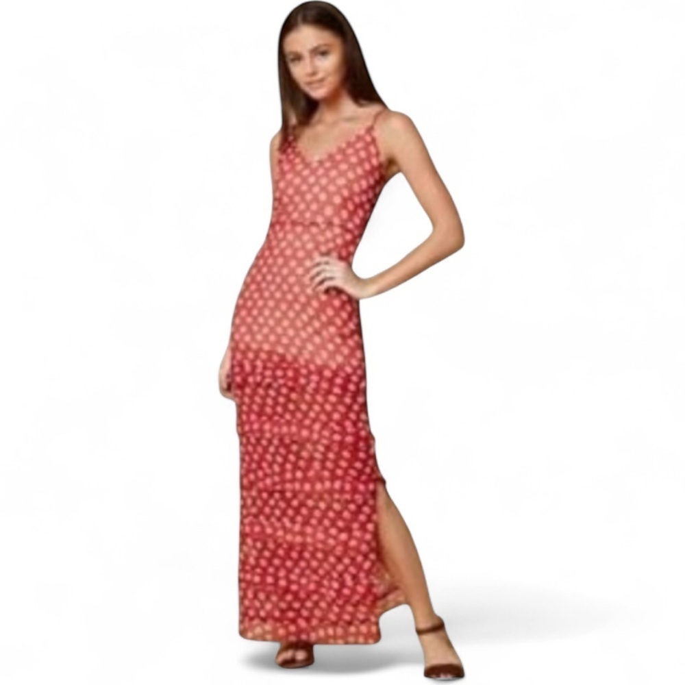 Nightwalker Red Daisies Chifon Maxi Dress Spaghetti Straps Slit side Open Medium